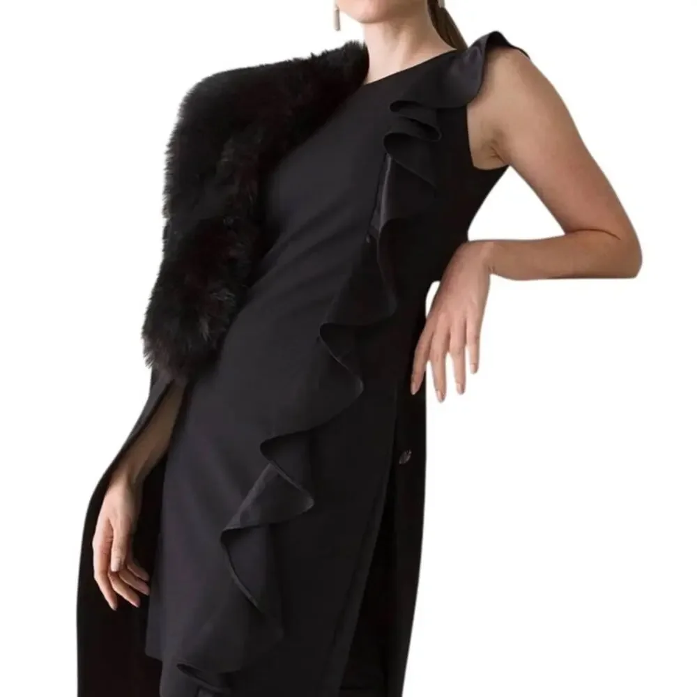 White House Black Market Black Ruffle Sheath Dress Medium Petite MP Cocktail LBD - Picture 1 of 16